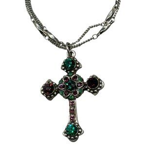 Mariana cross double chain necklace handmade crystal green floral 19" READ NEW